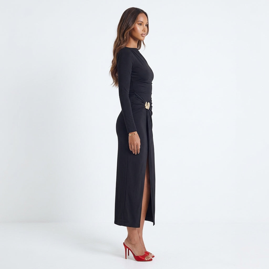 Ruched Slit Long-Sleeve Bodycon Dress