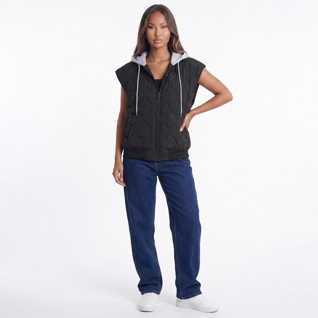 Drawstring Zip Up Hooded Vest Coat