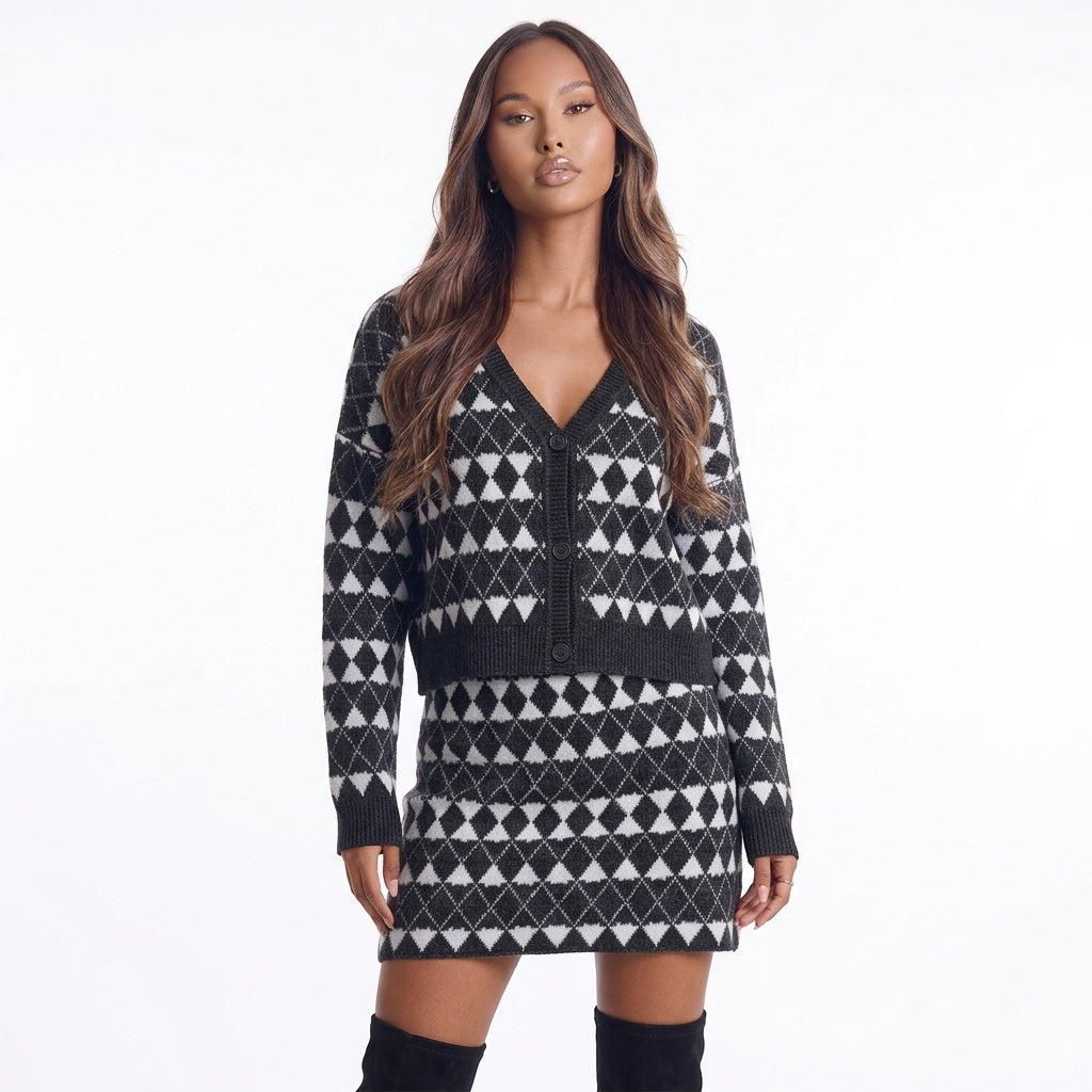 Diamond District Argyle Button-Front Cardigan Skirt Set