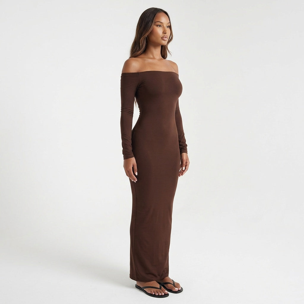 Cocoa Curve Off-Shoulder Ruched Maxi Dress
