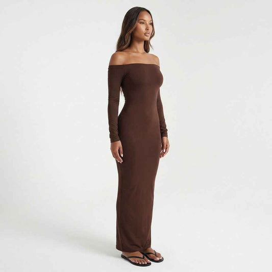 Cocoa Curve Off-Shoulder Ruched Maxi Dress
