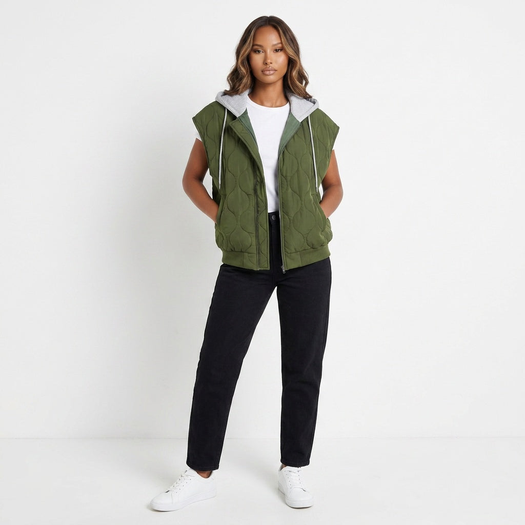 Drawstring Zip Up Hooded Vest Coat