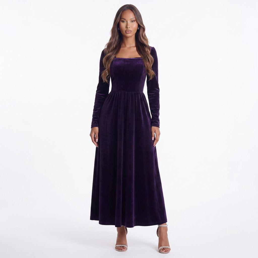 Velvet Square Neck Long Sleeve Dress