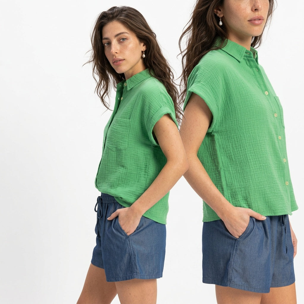 Weekend Away Rolled Sleeve Button-up Top