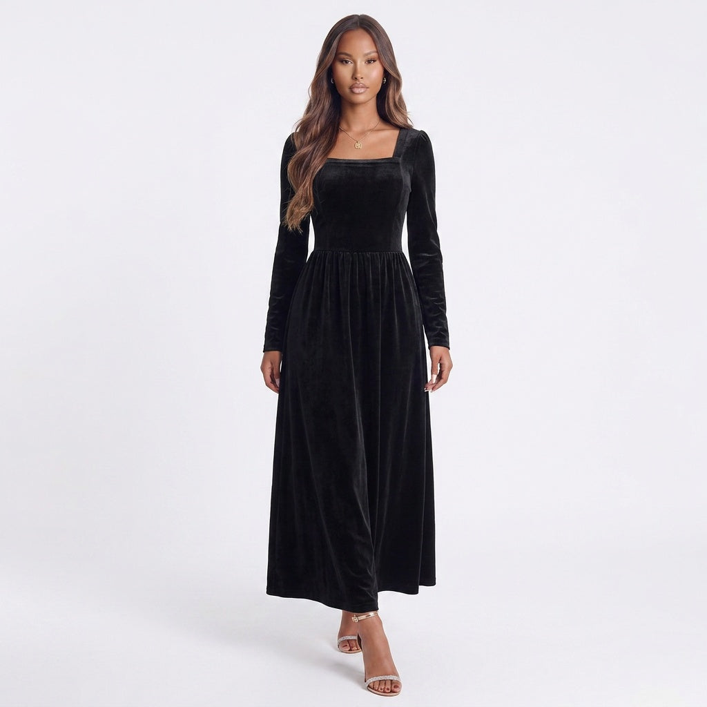 Velvet Square Neck Long Sleeve Dress
