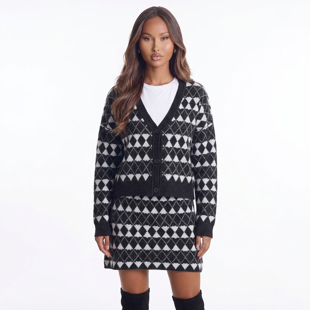Diamond District Argyle Button-Front Cardigan Skirt Set