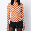Gourd Checkmate Mesh Long Sleeve Mock Neck Blouse