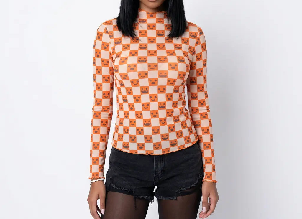 Gourd Checkmate Mesh Long Sleeve Mock Neck Blouse