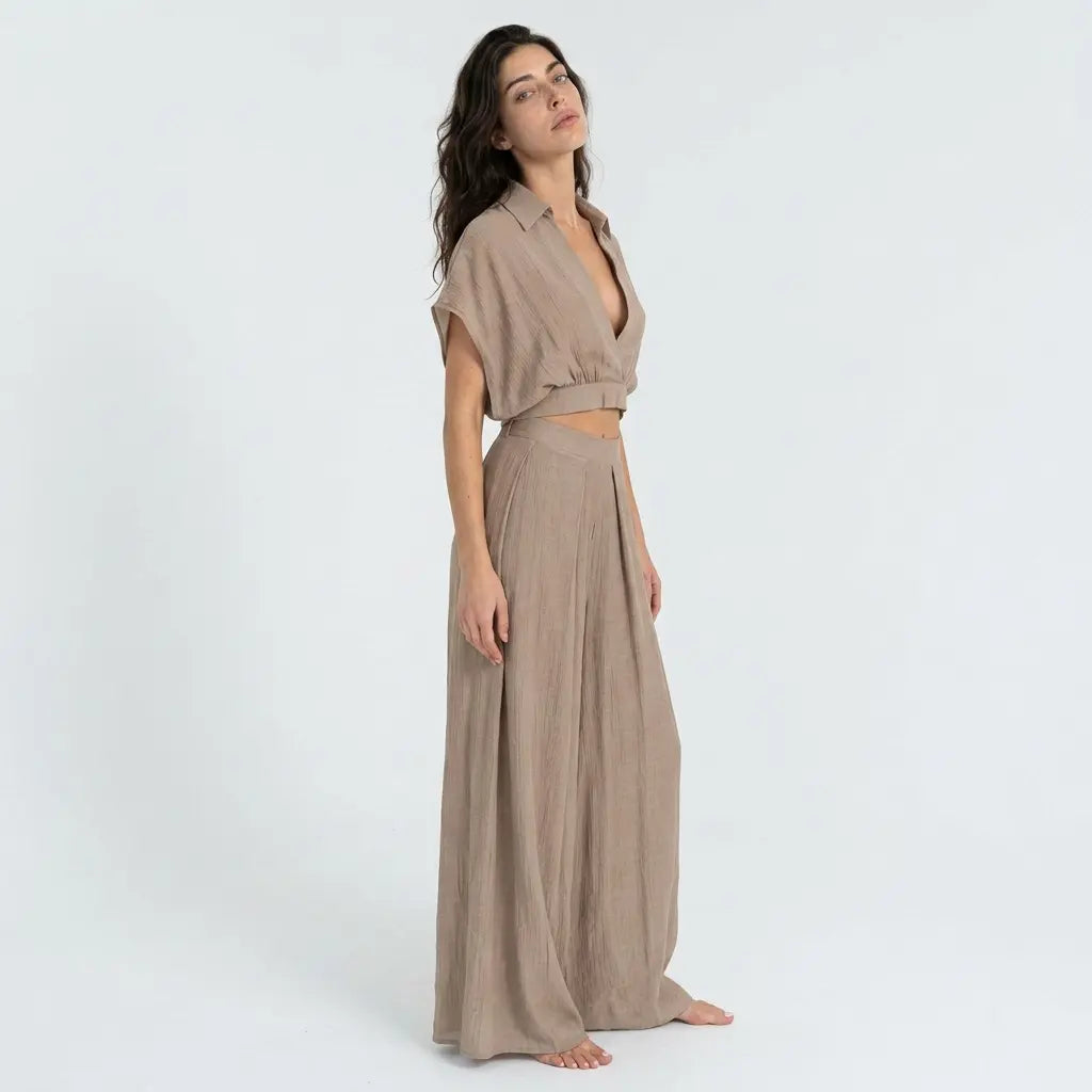 Silken Collared Wrap Top & Wide-leg Pants Set