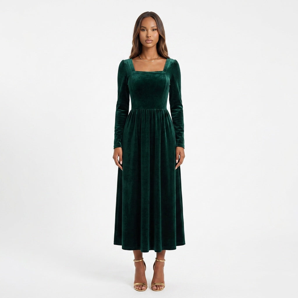 Velvet Square Neck Long Sleeve Dress