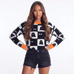 Ghoulish Ghost Pattern Checkerboard Sweater