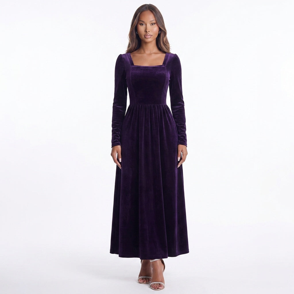 Velvet Square Neck Long Sleeve Dress