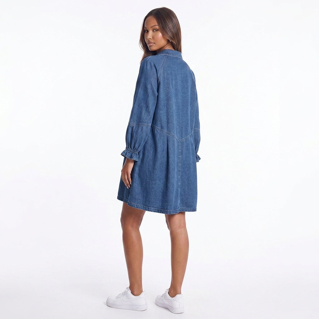 Mini-Jeanskleid mit Knopfleiste und Volantärmeln