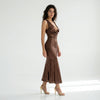 Cocoa Afterglow Cowl-Neck Shimmer Midi Dress