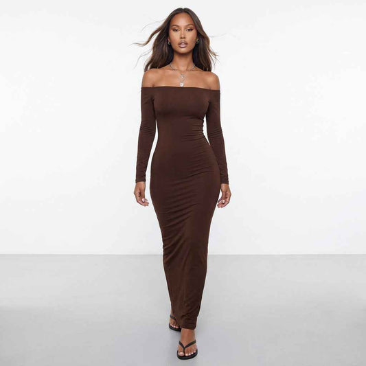Cocoa Curve Off-Shoulder Ruched Maxi Dress