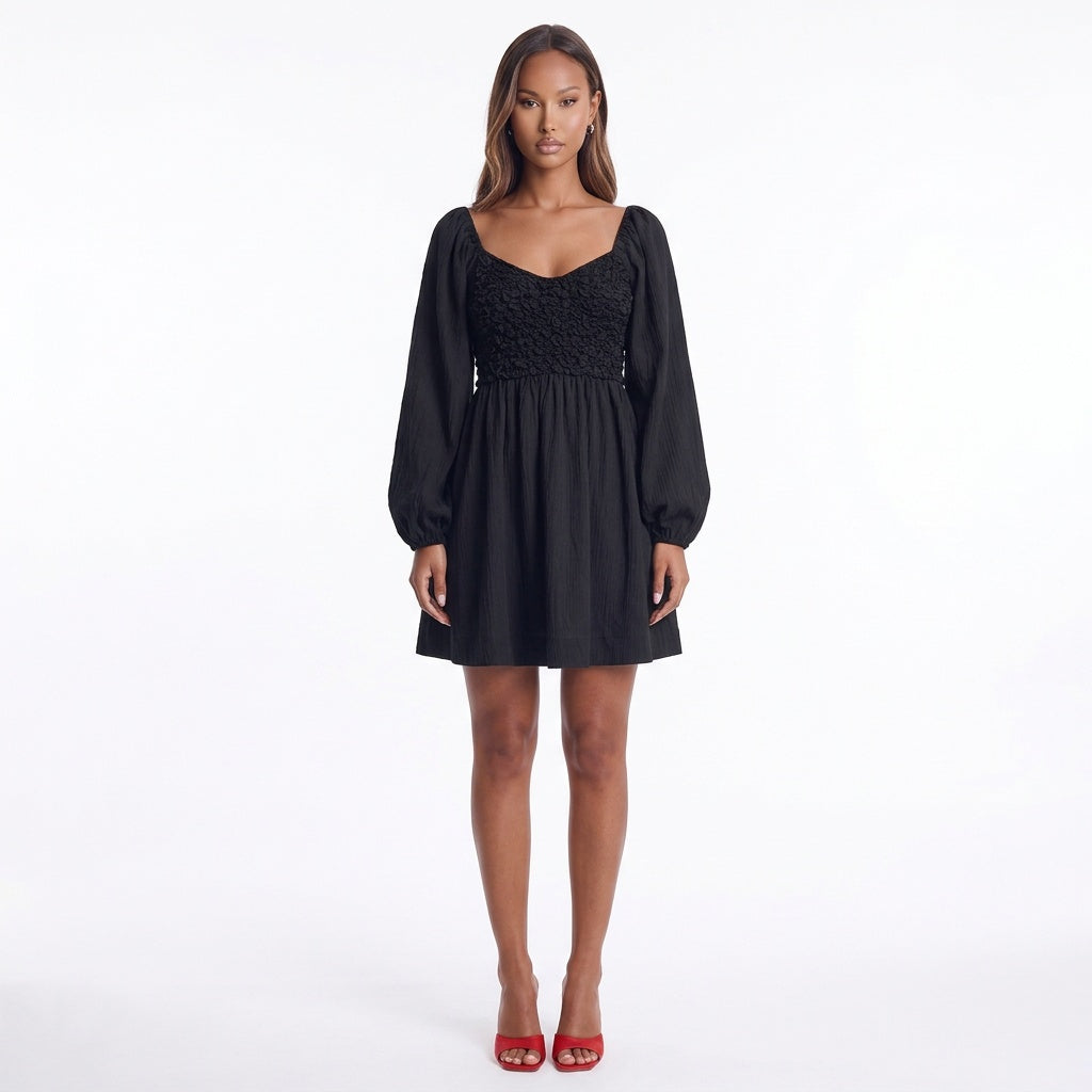 Whispered Promises Smocked Mini Dress – Black