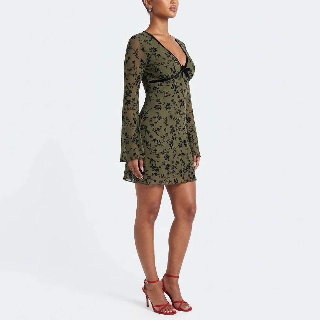 Soft Florals, Hard to Resist Mesh Mini Dress – Olive