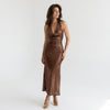 Cocoa Afterglow Cowl-Neck Shimmer Midi Dress