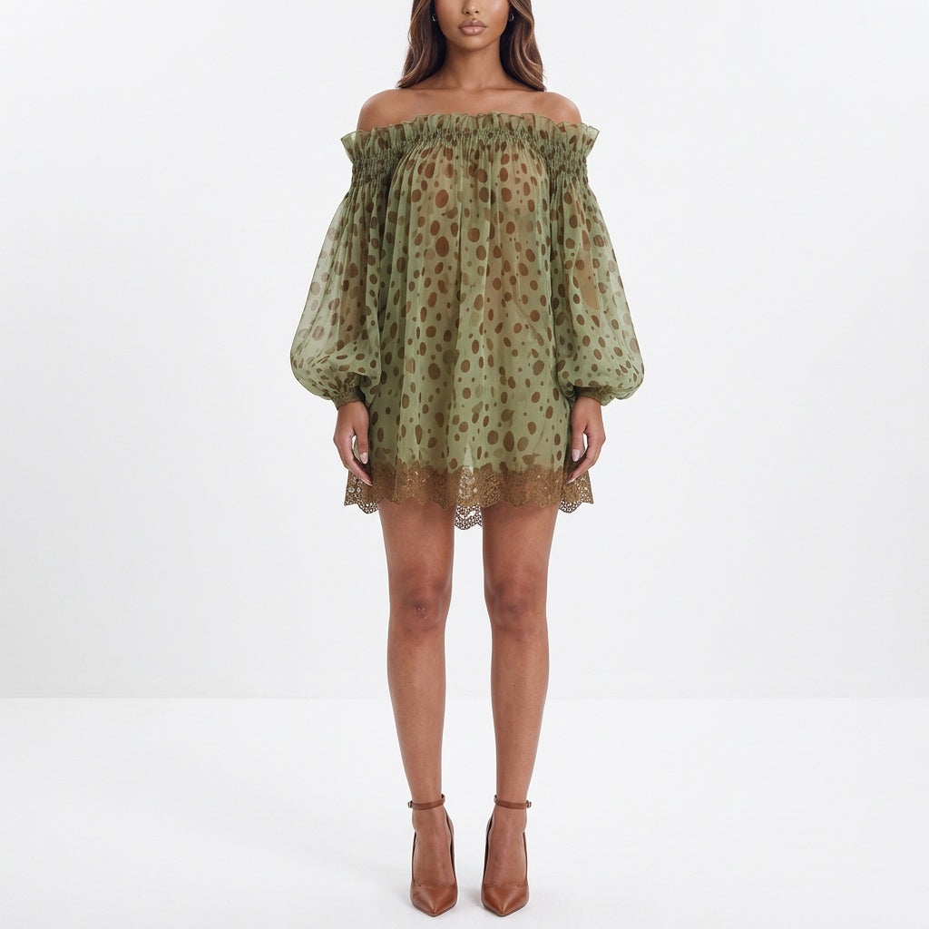 Mosslight Off-Shoulder Sheer Polka Dot Mini Dress