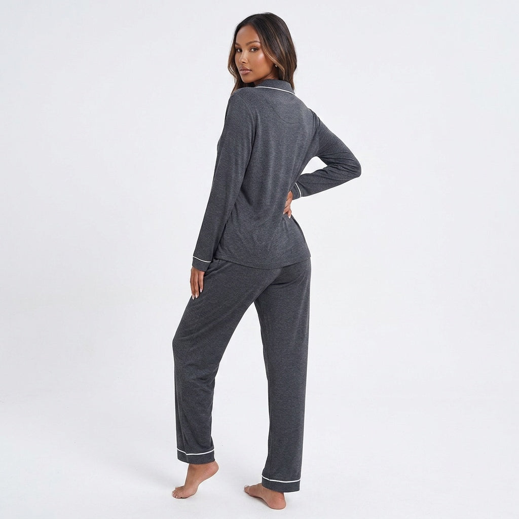 Contrast Piping Button Down Top and Pants Loungewear Set