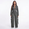 Street Code Washed Denim Cargo Wide-Leg Jumpsuit