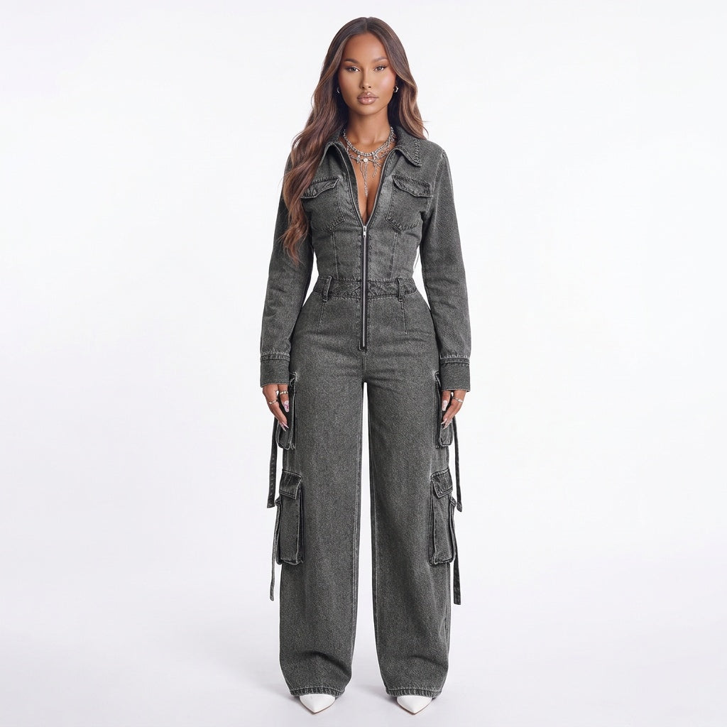 Street Code Washed Denim Cargo Wide-Leg Jumpsuit