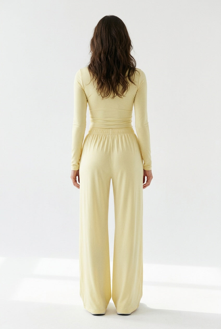 Lemon Day Lounge Two-Piece Set with Scoop-Neck Crop Top & Wide-Leg Pants