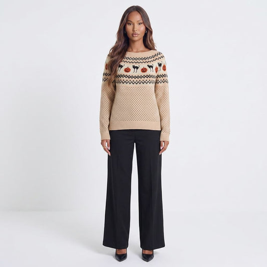 Harvest Hex Cat Pattern Knit Round Neck Sweater