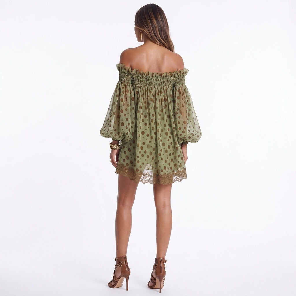 Mosslight Off-Shoulder Sheer Polka Dot Mini Dress