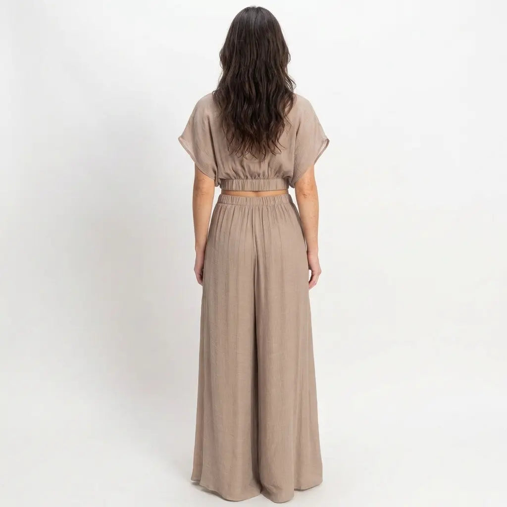 Silken Collared Wrap Top & Wide-leg Pants Set