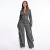 Street Code Washed Denim Cargo Wide-Leg Jumpsuit