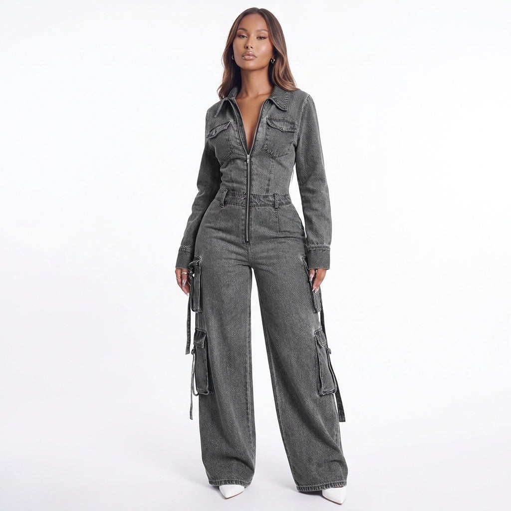 Street Code Washed Denim Cargo Wide-Leg Jumpsuit