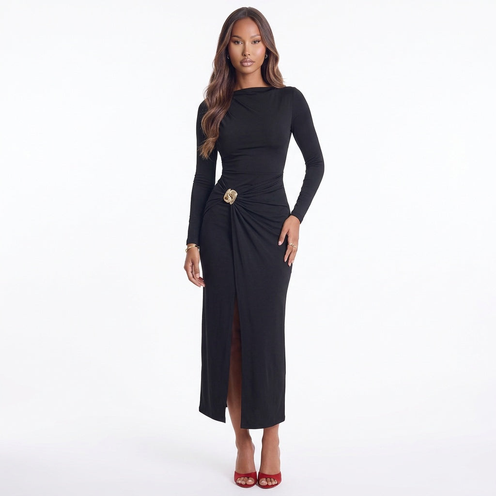 Ruched Slit Long-Sleeve Bodycon Dress