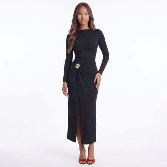 Ruched Slit Long-Sleeve Bodycon Dress
