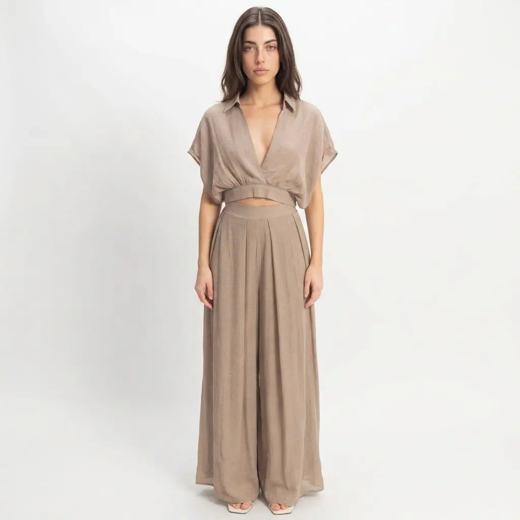 Silken Collared Wrap Top & Wide-leg Pants Set
