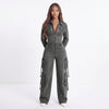 Street Code Washed Denim Cargo Wide-Leg Jumpsuit
