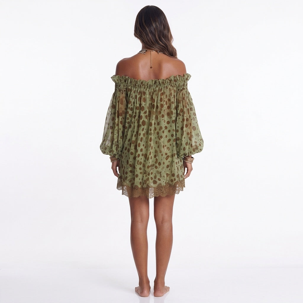Mosslight Off-Shoulder Sheer Polka Dot Mini Dress