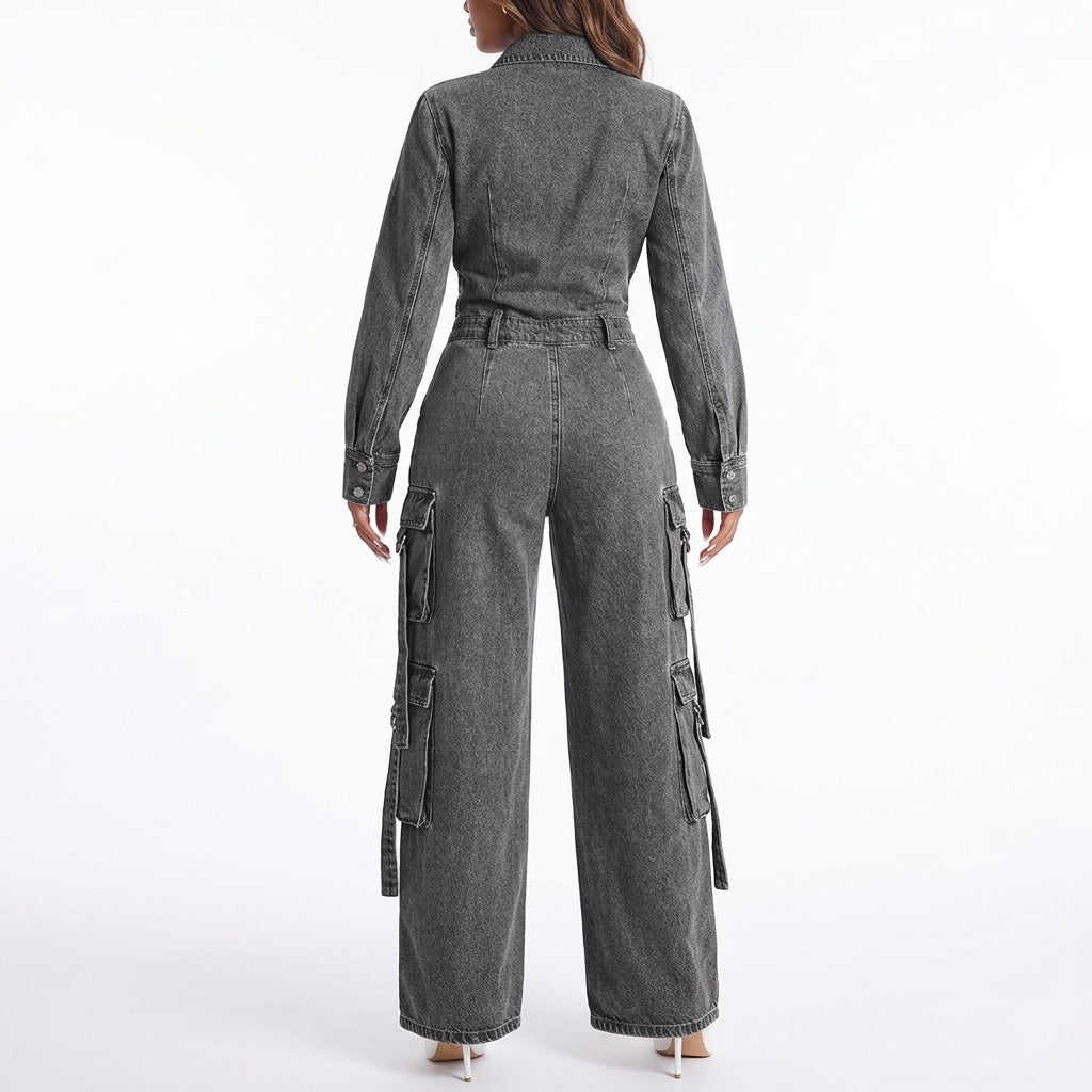 Street Code Washed Denim Cargo Wide-Leg Jumpsuit
