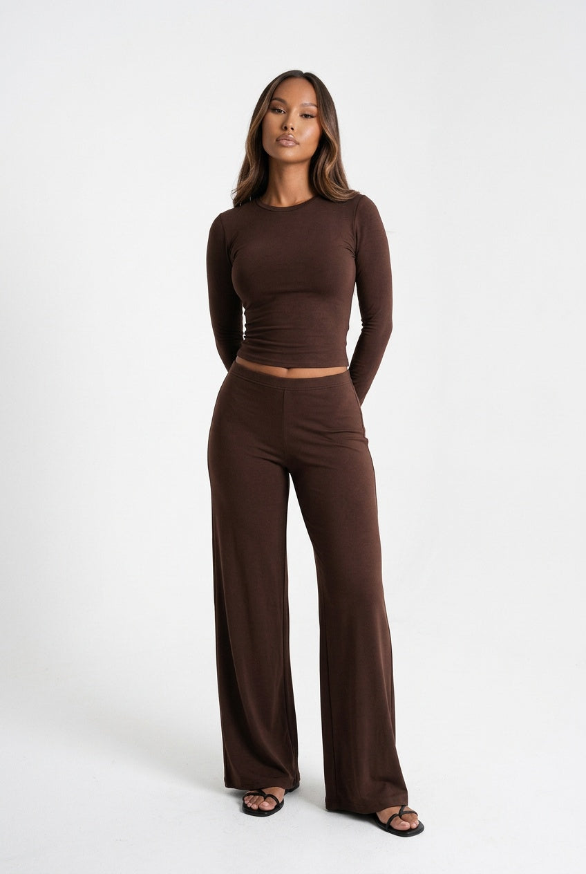 Mocha State of Mind Long Sleeve Top and Wide-Leg Pants Set