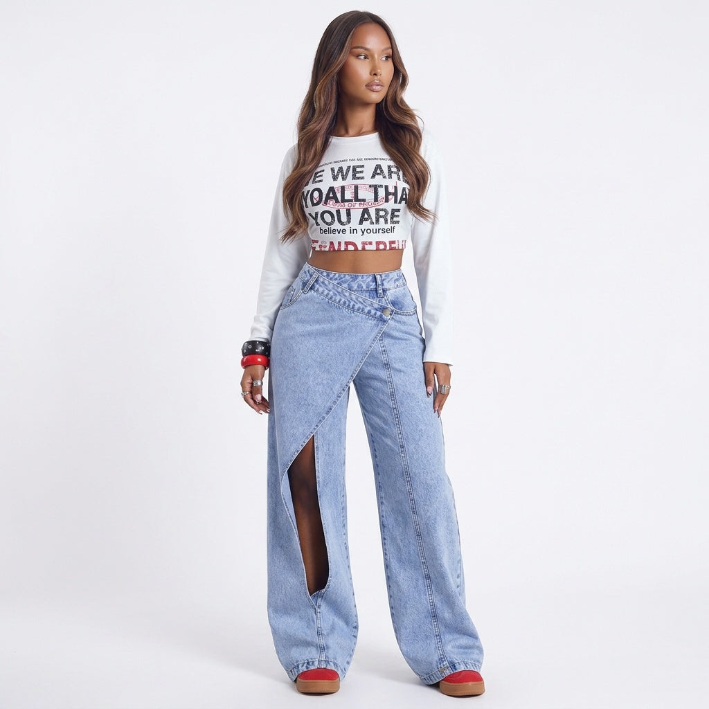 Crossed Lines Washed Wrap-Front Wide-Leg Jeans