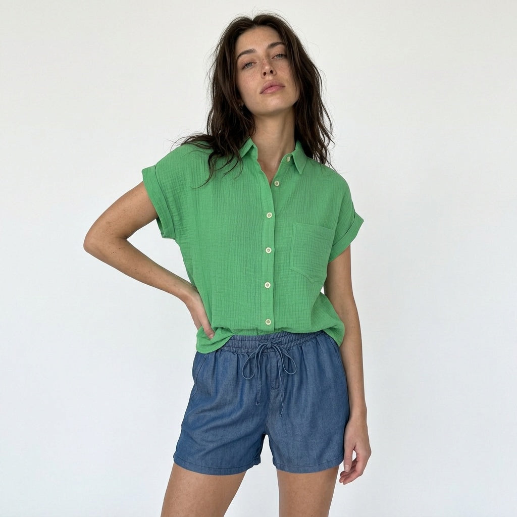 Weekend Away Rolled Sleeve Button-up Top