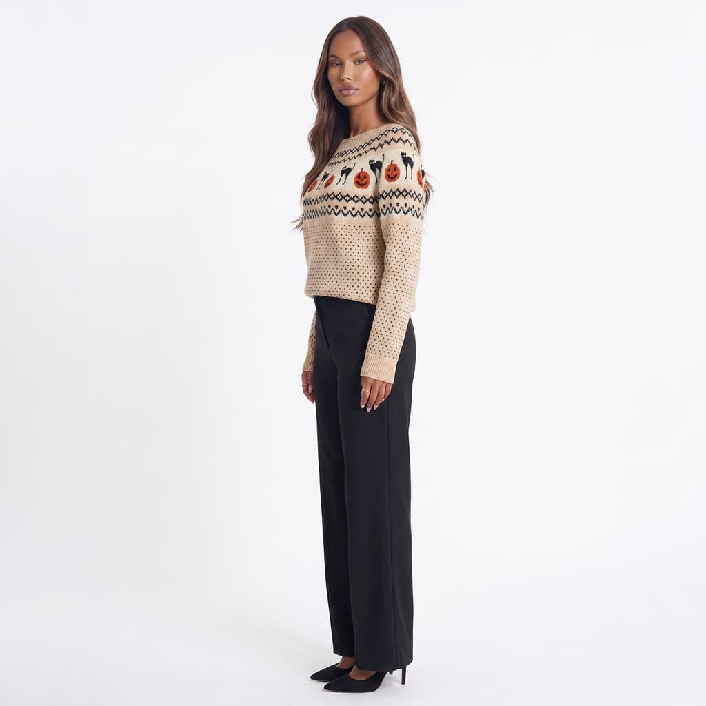 Harvest Hex Cat Pattern Knit Round Neck Sweater