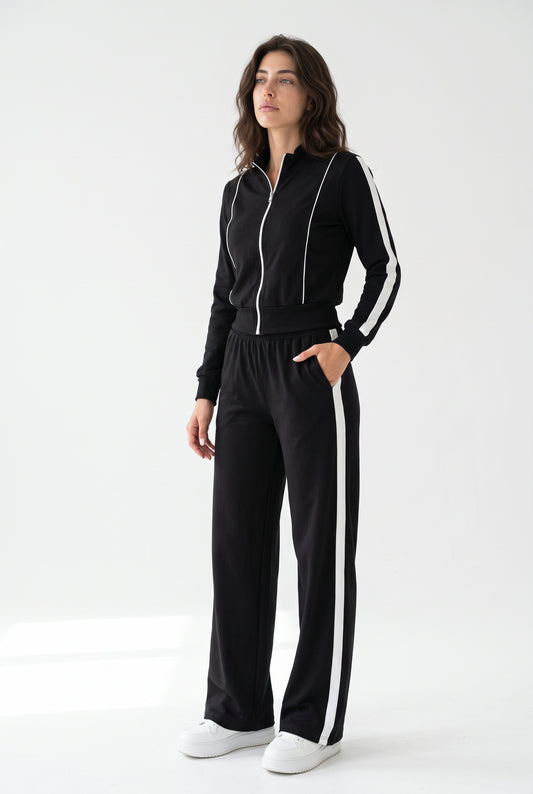 Off-Duty Ace Black Track Jacket and Wide-Leg Pants Set