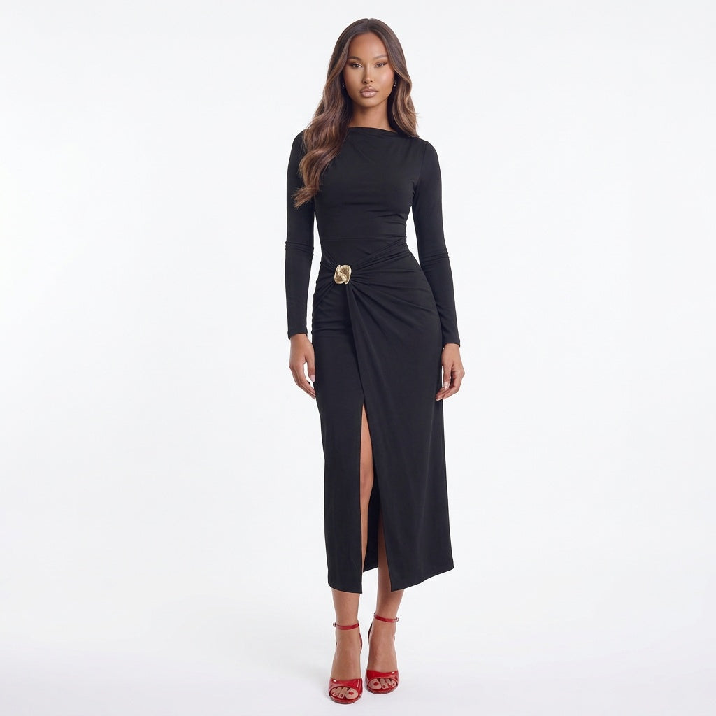 Ruched Slit Long-Sleeve Bodycon Dress