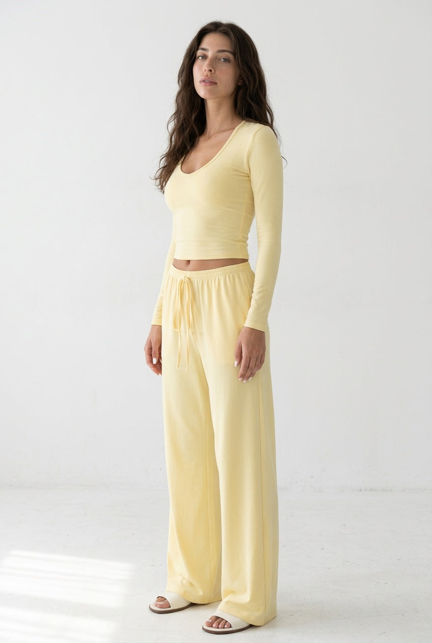 Lemon Day Lounge Two-Piece Set with Scoop-Neck Crop Top & Wide-Leg Pants