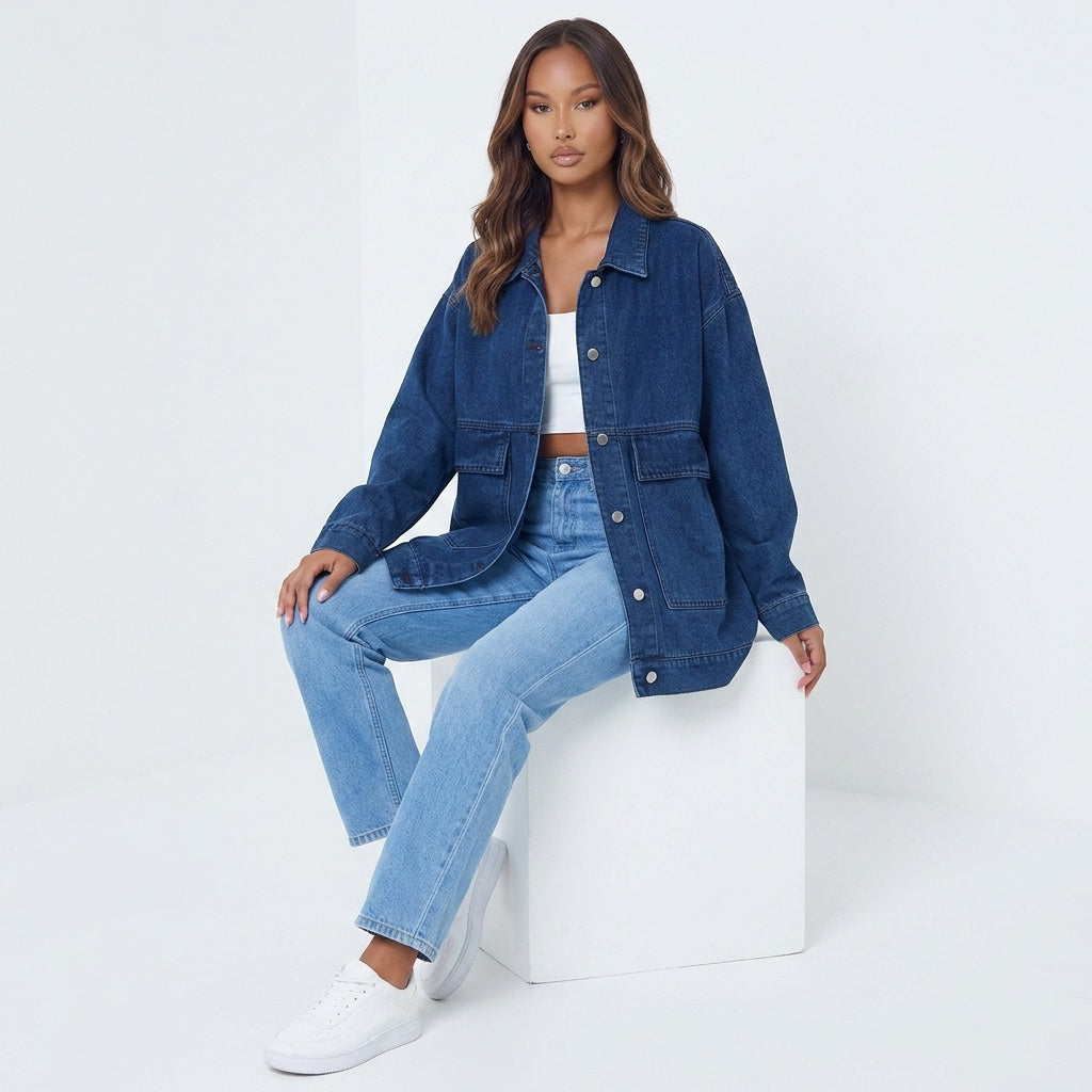 Dropped Shoulder Denim Jacket with Pockets
