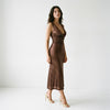 Cocoa Afterglow Cowl-Neck Shimmer Midi Dress
