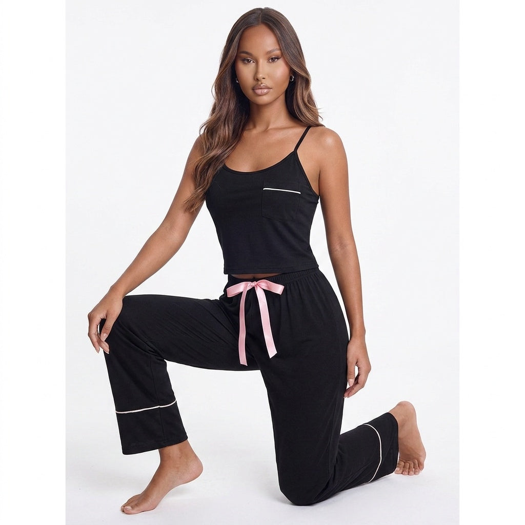 Contrast Trim Cropped Cami and Pants Loungewear Set