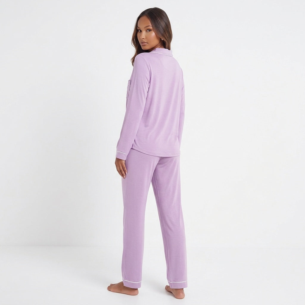 Contrast Piping Button Down Top and Pants Loungewear Set
