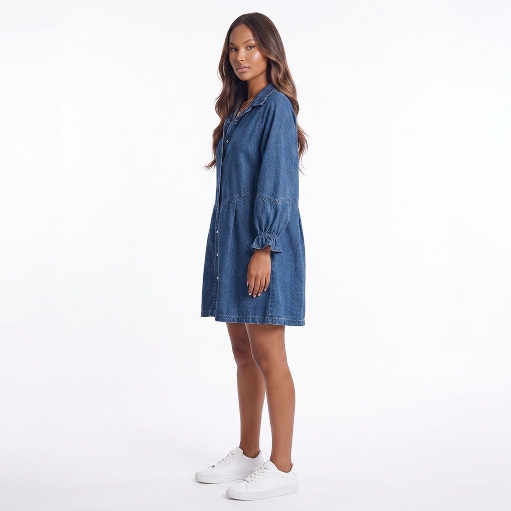 Mini-Jeanskleid mit Knopfleiste und Volantärmeln